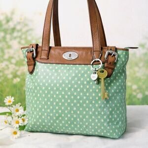 Fossil Key-Per Ladybug Tote Bag Spring Green Coated Canvas Brown Leather Vintage